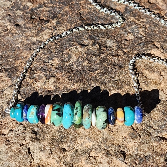 Sterling Silver Multi Gemstone Bar Necklace - Picture 11 of 16